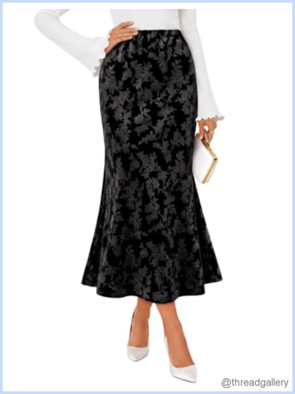 Flowing Velvet Floral Mermaid Maxi Skirt High Waist Fall Winter Elegant